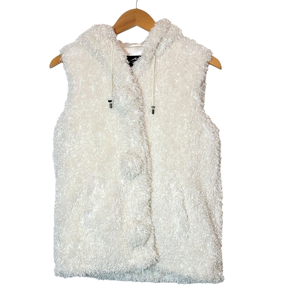 Montanaco Sherpa Hooded Vest White Pom Pom Snap Closure Layering Fall Winter S